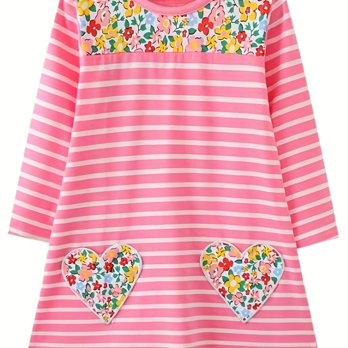 Girls' Stripe Flower Patch Long Sleeve Dress 2-8 Years
