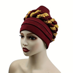 Sequin Braid Turban Cap Pleated Head Wrap Elastic Bonnet Chemo Hats