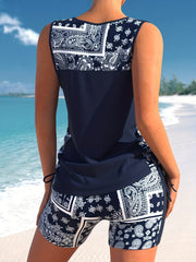  Boho Tankini Set Paisley Lace Up Side Tank Top & Shorts Swimsuit