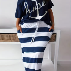 Women's Plus Anchor & Letter Print T shirt & Strip Slim Fit Skirt 2pcs Set