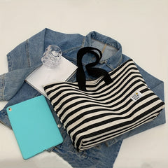 Striped Canvas Tote Bag Shoulder Handbag Travel Commuter