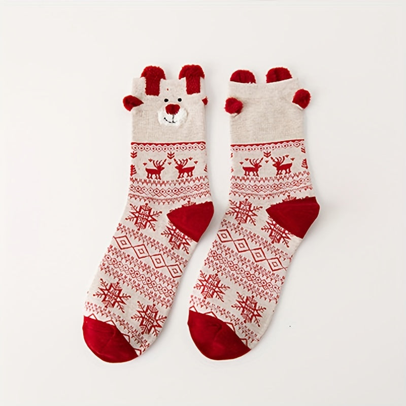 3 Pairs Elk Pattern Socks Comfy Christmas Mid Tube Women's Stockings