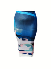  Skirt Women's Plus Random Print Elastic High Rise Slight Stretch Midi