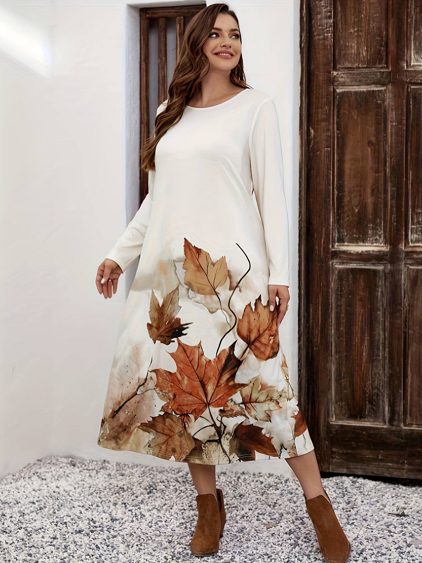  Casual Dress Women's Plus Maple Leaf Print Midi Dress
