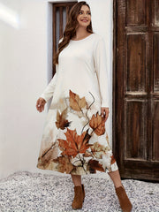  Casual Dress Women's Plus Maple Leaf Print Midi Dress