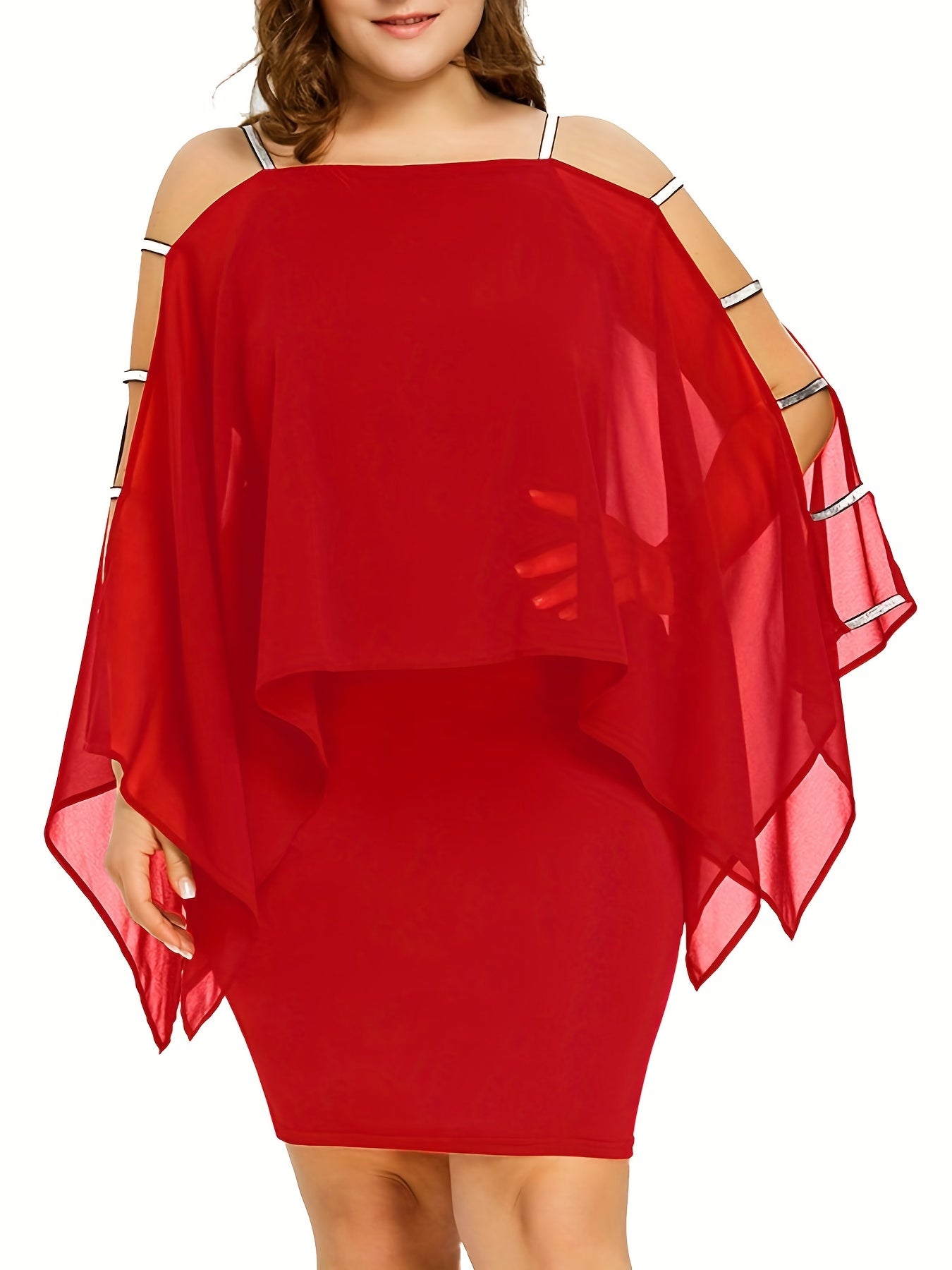  Casual Party Dress Women's Plus Mesh Layered Cut Out Sleeve Midi Dress