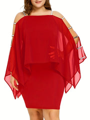  Casual Party Dress Women's Plus Mesh Layered Cut Out Sleeve Midi Dress