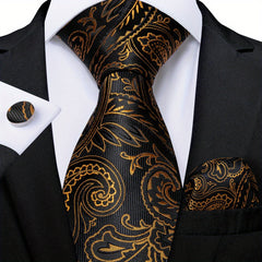Men's Golden Striped Paisley Floral Necktie Set Silk Woven Business