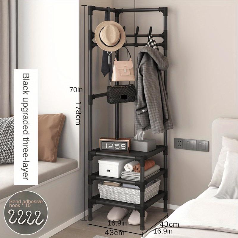 Triangle Corner Coat Rack with 2 Storage Shelves & Hooks