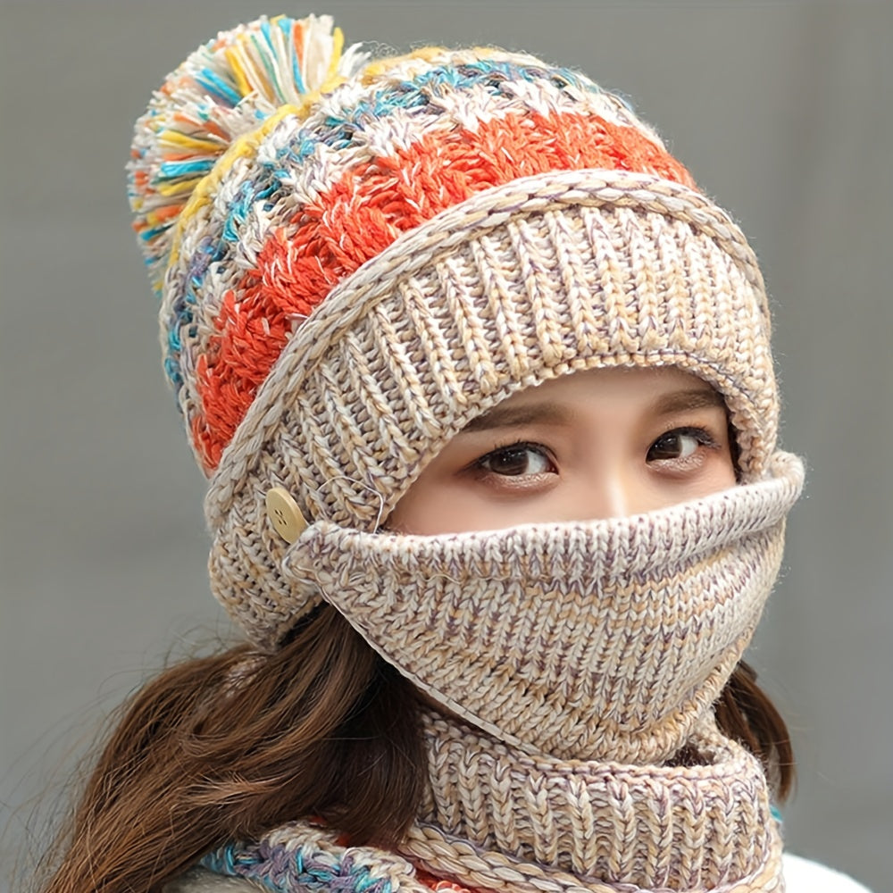 3pcs Plush Beanie, Neck Gaiter & Coldproof Mask Set for Outdoor Cycling Ski