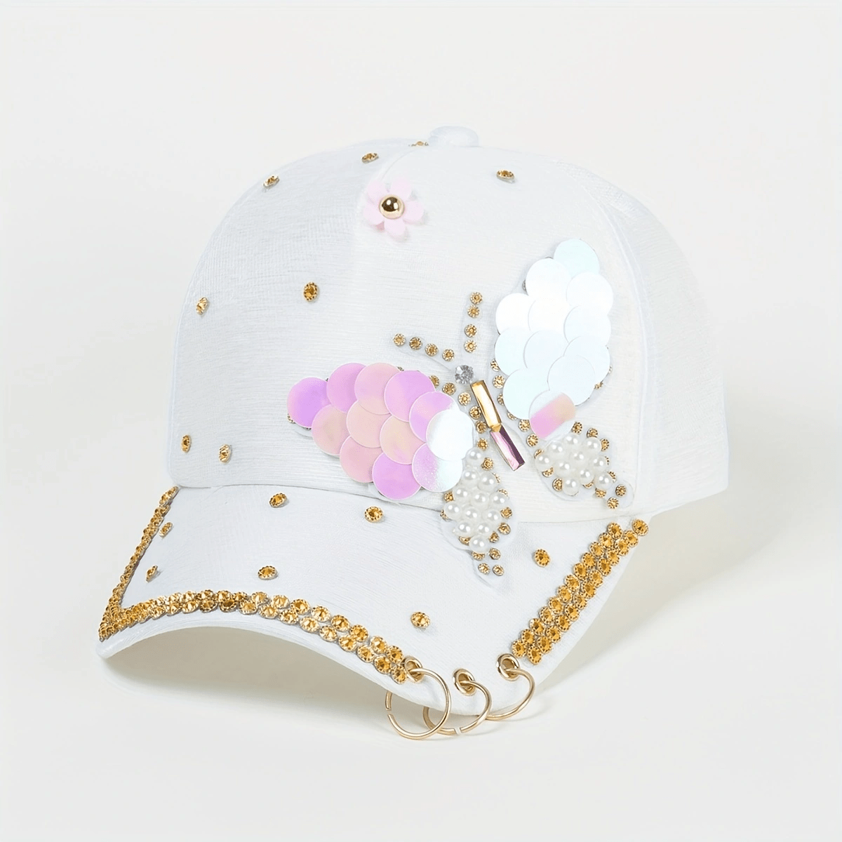 Pink Butterfly Y2K Baseball Cap Pearl Rhinestone Adjustable Sun Hat