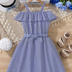Girls' Striped Off Shoulder Slip Dress with Belt