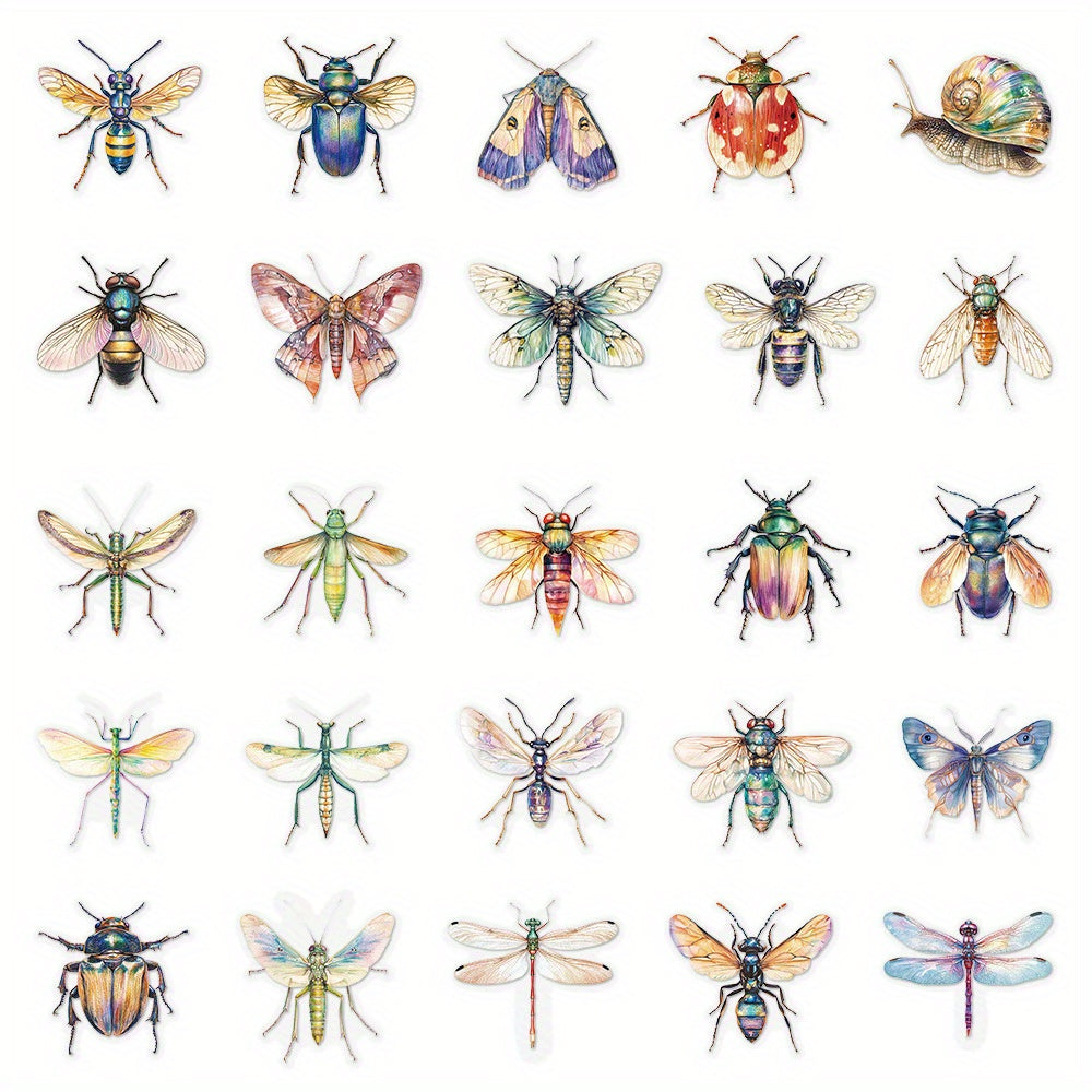 50pcs Reusable Insect Watercolor Stickers Vibrant Mixed Colors Irregular Shapes