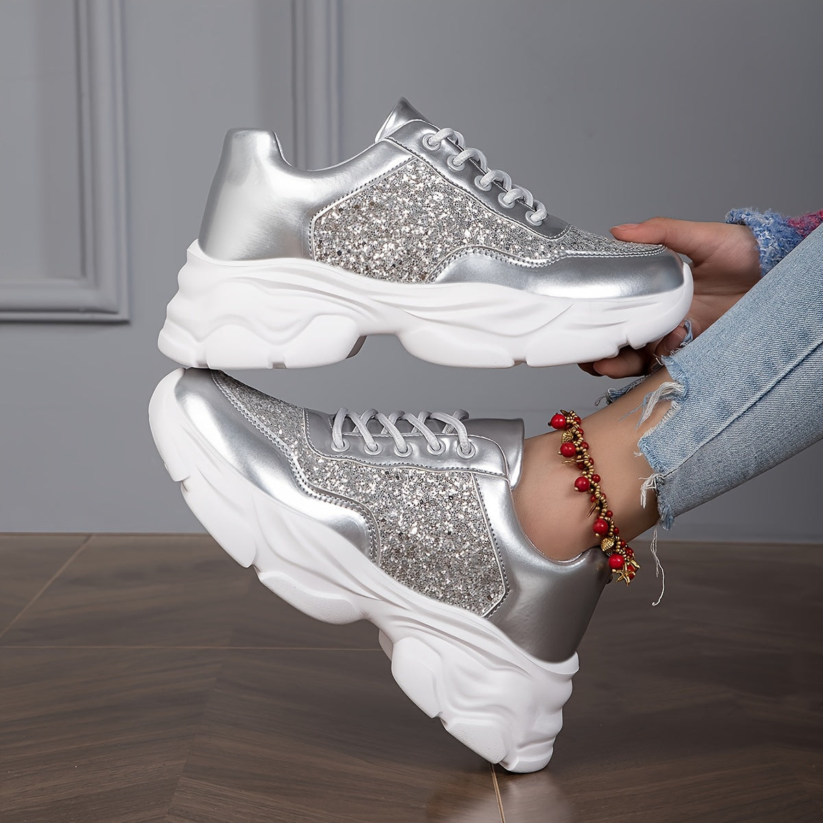 Glitter Chunky Sneakers Lace Up Running Shoes Low Top Dad Shoes