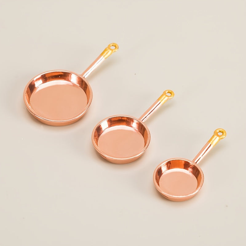 3pcs Mini Long Handle Pans Dollhouse Kitchen Accessories Food Play Scene Model