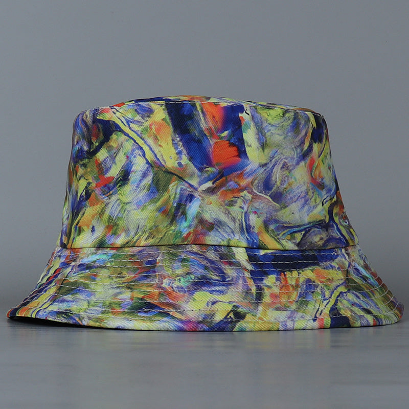 Tie Dye Reversible Bucket Hat Yellow & Vintage Oil Painting Print Fisherman Cap