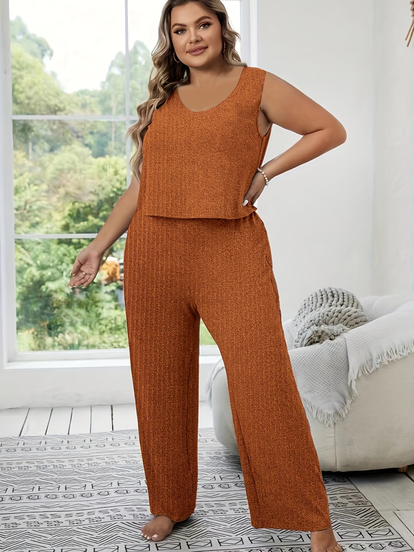  Lounge Set Women's Solid Stretch Crop Tank & Tie Pants Pajama Set