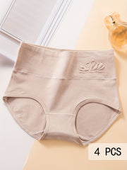 4pcs High Waist Stretchy Panties Breathable Solid Briefs