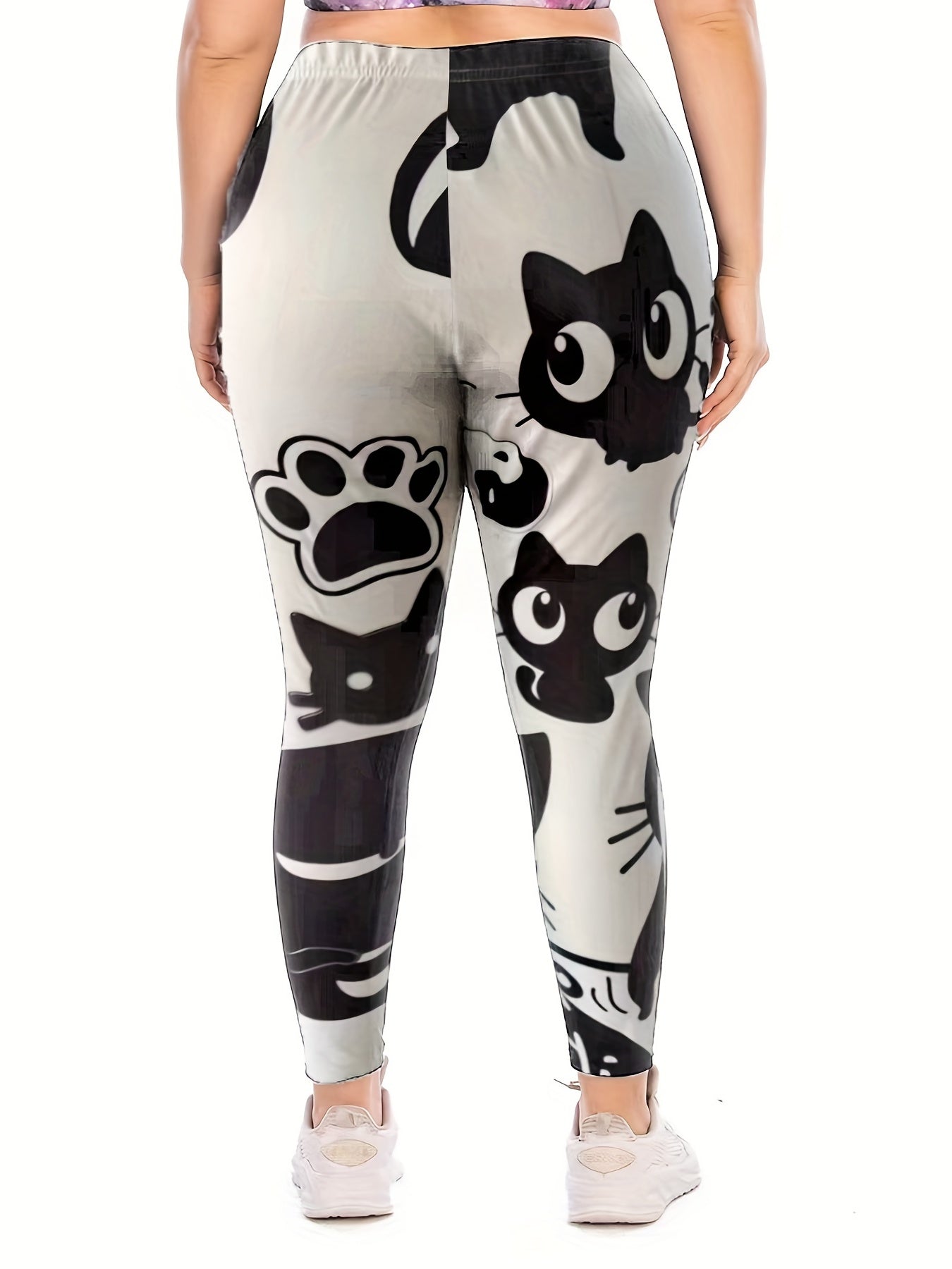  Casual Leggings Women's Plus Cat & Paw Print High Rise Leggings