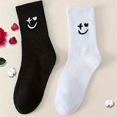 Men's Smiley Face Crew Socks - Cartoon Pattern, Comfy Street Style