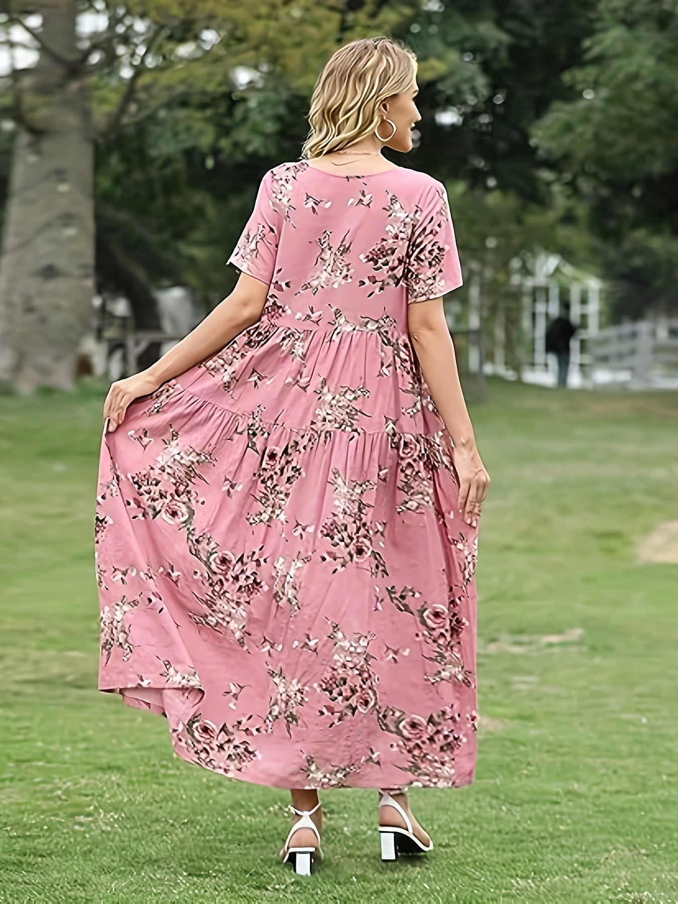  Floral Print Short Sleeve Maxi Dress