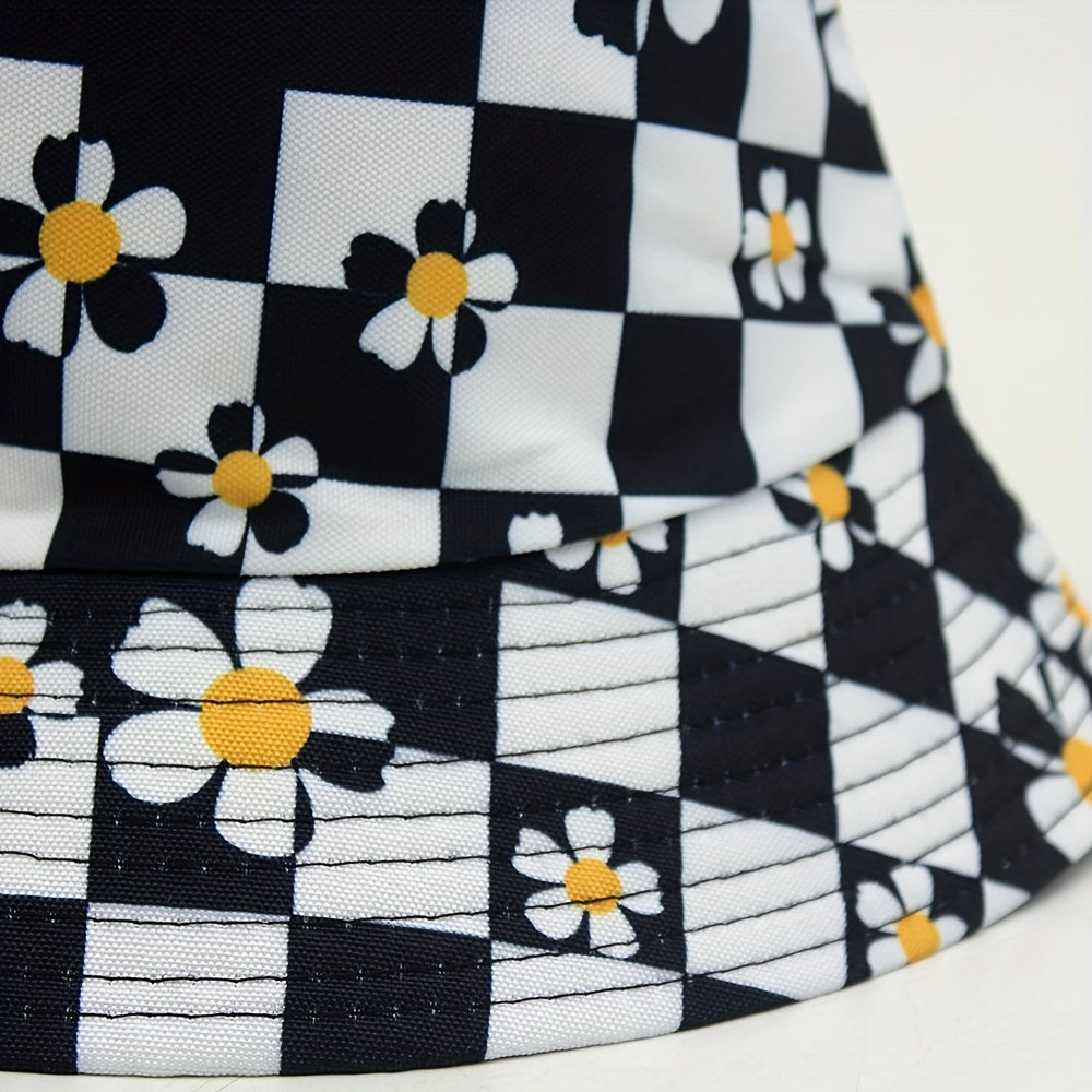 Checkerboard Plaid Flower Basin Hat Sun Hat for Men