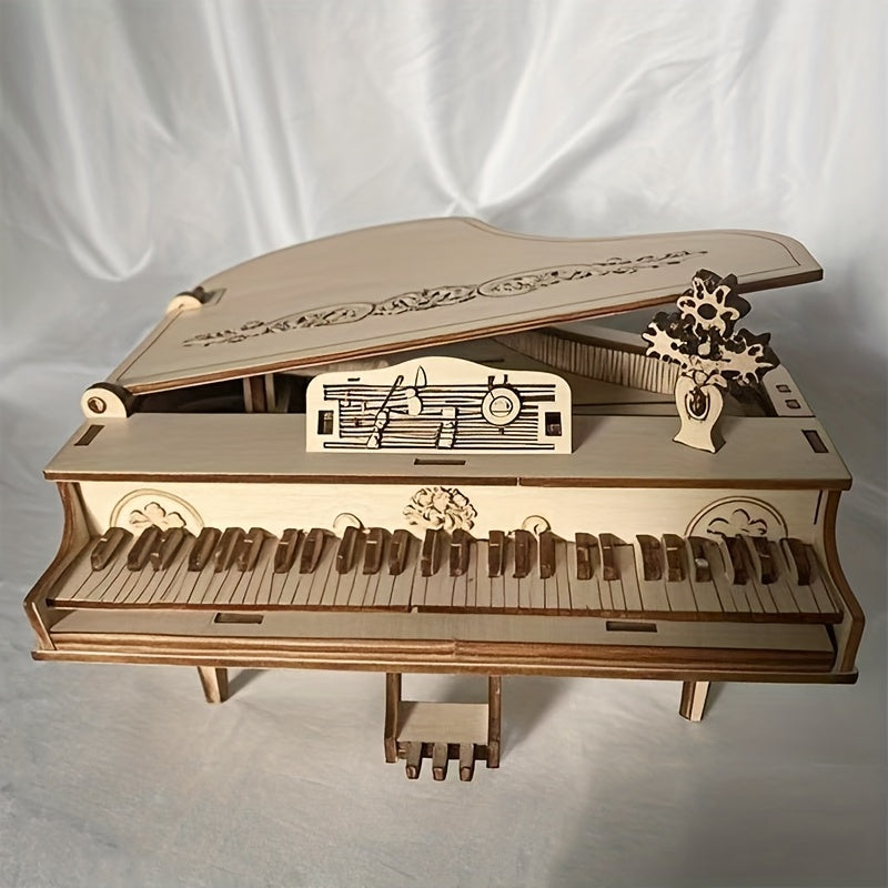 3D Wooden Piano Puzzle Craft Decor with Golden Accents