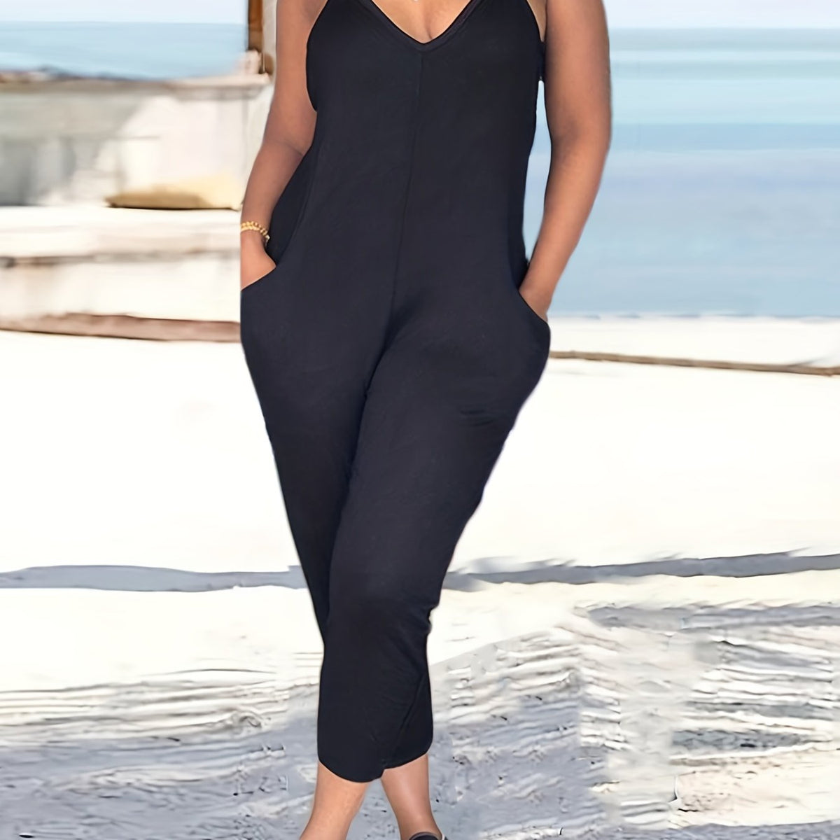 Spaghetti Solid Jumpsuit Casual Sleeveless Versatile Jumpsuit