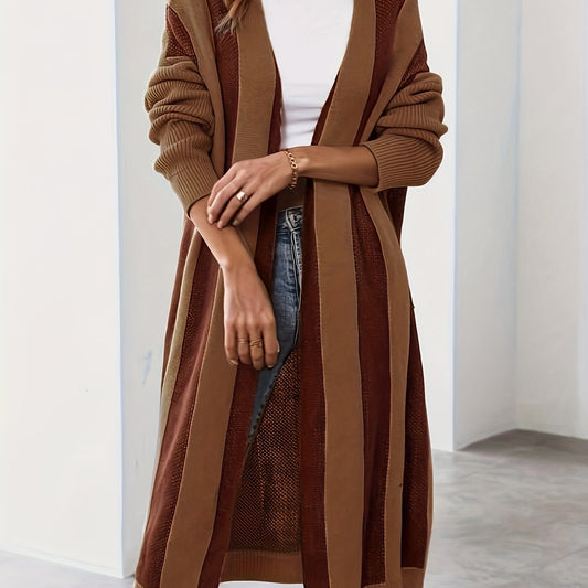  Colorblock Open Front Long Cardigan