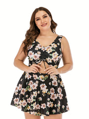  Floral One Piece Swimsuit with Cut Out Drawstring