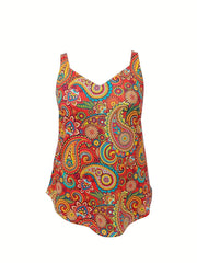  Boho Cami Top Paisley Print V Neck Stretch Cami Top