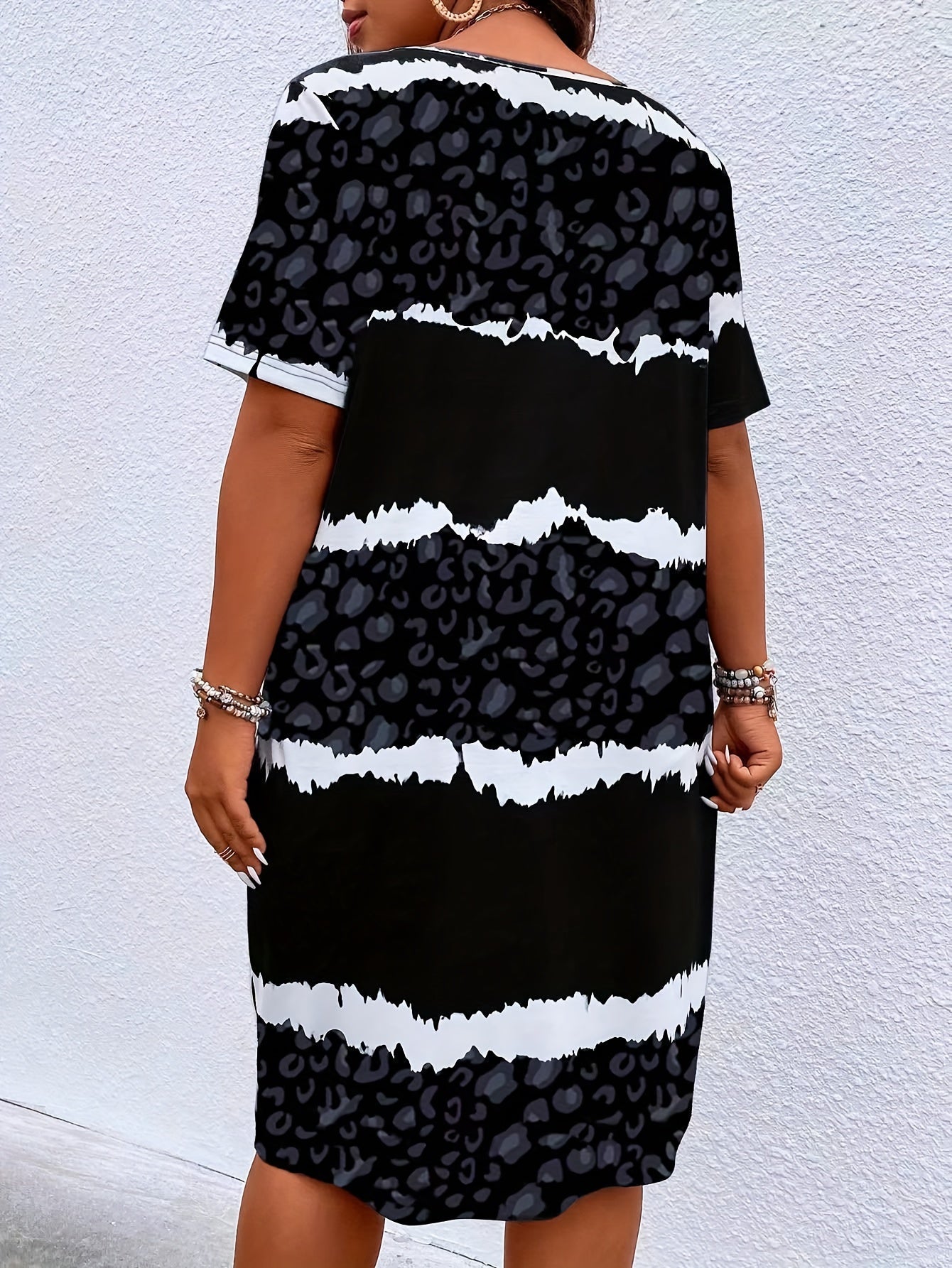  Colorblock Leopard Print Tie Dye V Neck Tee Dress