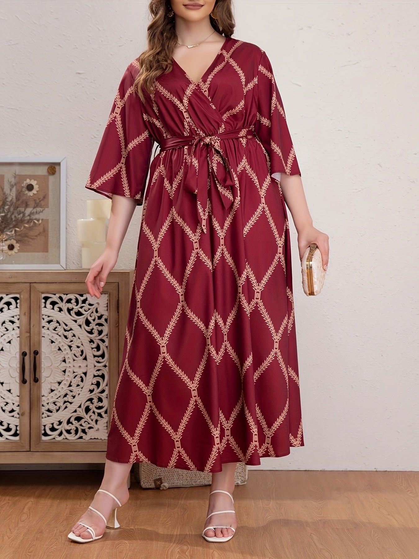  Boho Abaya Dress Women's Plus Argyle Print Three Quarter Sleeve