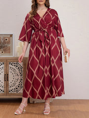  Boho Abaya Dress Women's Plus Argyle Print Three Quarter Sleeve