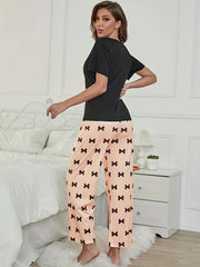 Bow Print Pajamas Set Short Sleeve Crew Neck Top & Lounge Pants