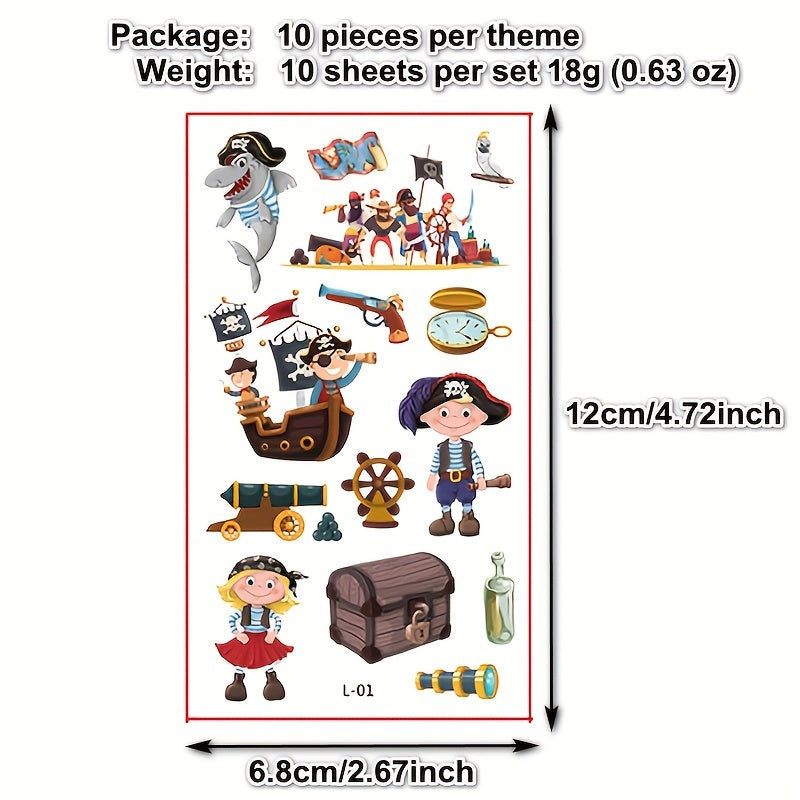 10 Cartoon Tattoo Stickers Waterproof Pirate Theme Fun Party Supplies
