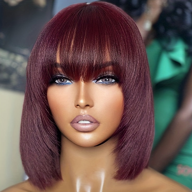 Burgundy Short Bob Wig with Bangs, Brazilian Human Hair, No Lace 180 Density