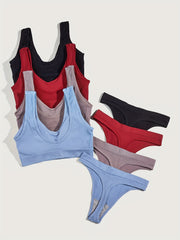 Solid Ribbed Push Up Bra & Thong Lingerie Set