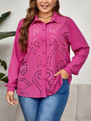 Solid Laser Cut Button Up Long Sleeve Plus Size Blouse