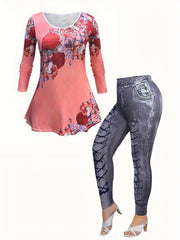  2 Piece Set Women's Floral Top & Denim Leggings Outfits