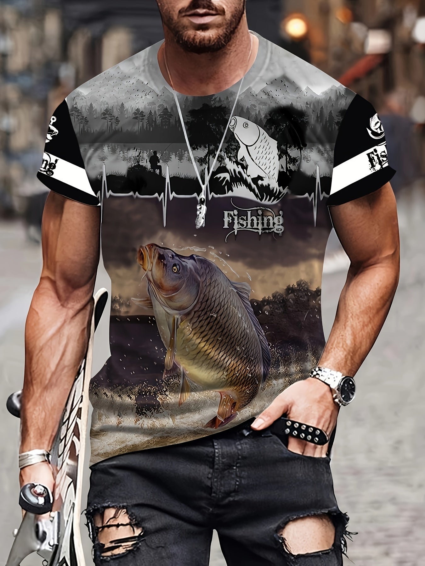 Men's 3D Fishing Print Mid Stretch T-shirt for Outdoor Summer