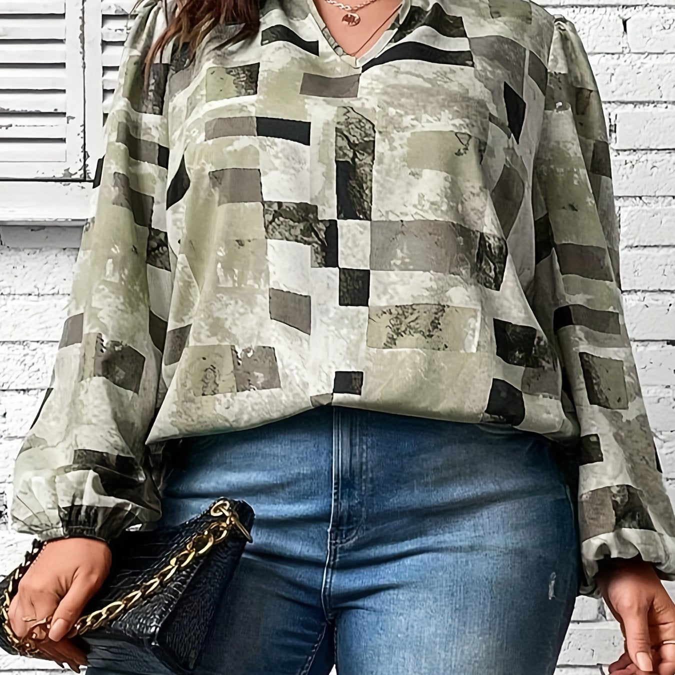  Geo Print Lantern Sleeve Notched Neck Blouse
