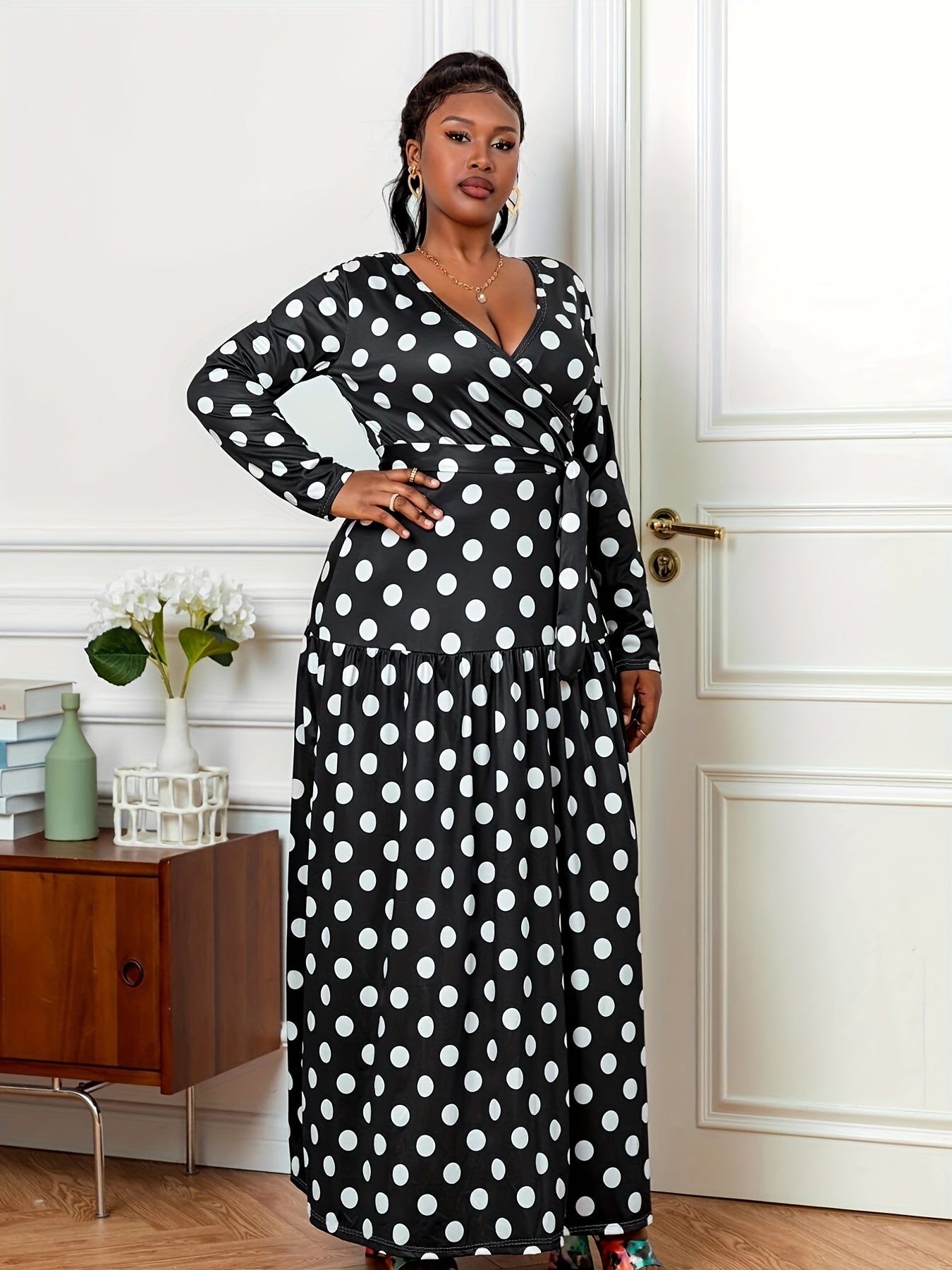  Polka Dot Long Sleeve Maxi Dress With Belt