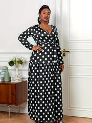  Polka Dot Long Sleeve Maxi Dress With Belt
