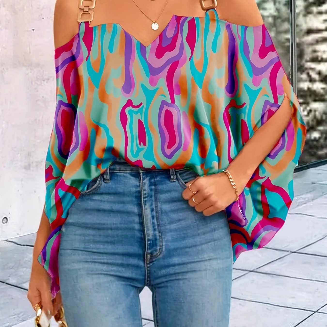  Cold Shoulder Long Sleeve Top Metal Decor