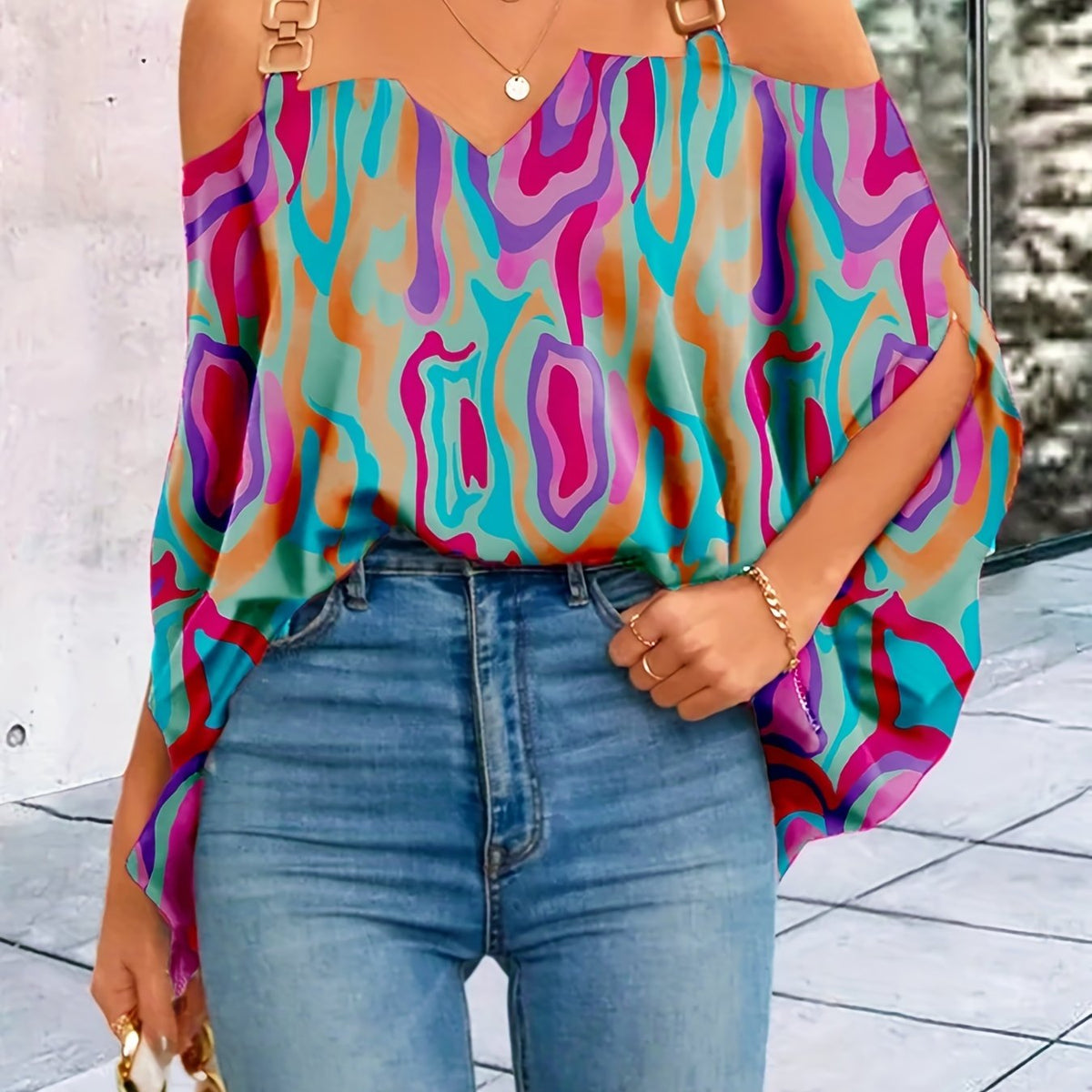  Cold Shoulder Long Sleeve Top Metal Decor