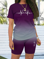 Heart Rate Ombre Two-piece Set Casual T-shirt & Shorts Outfit