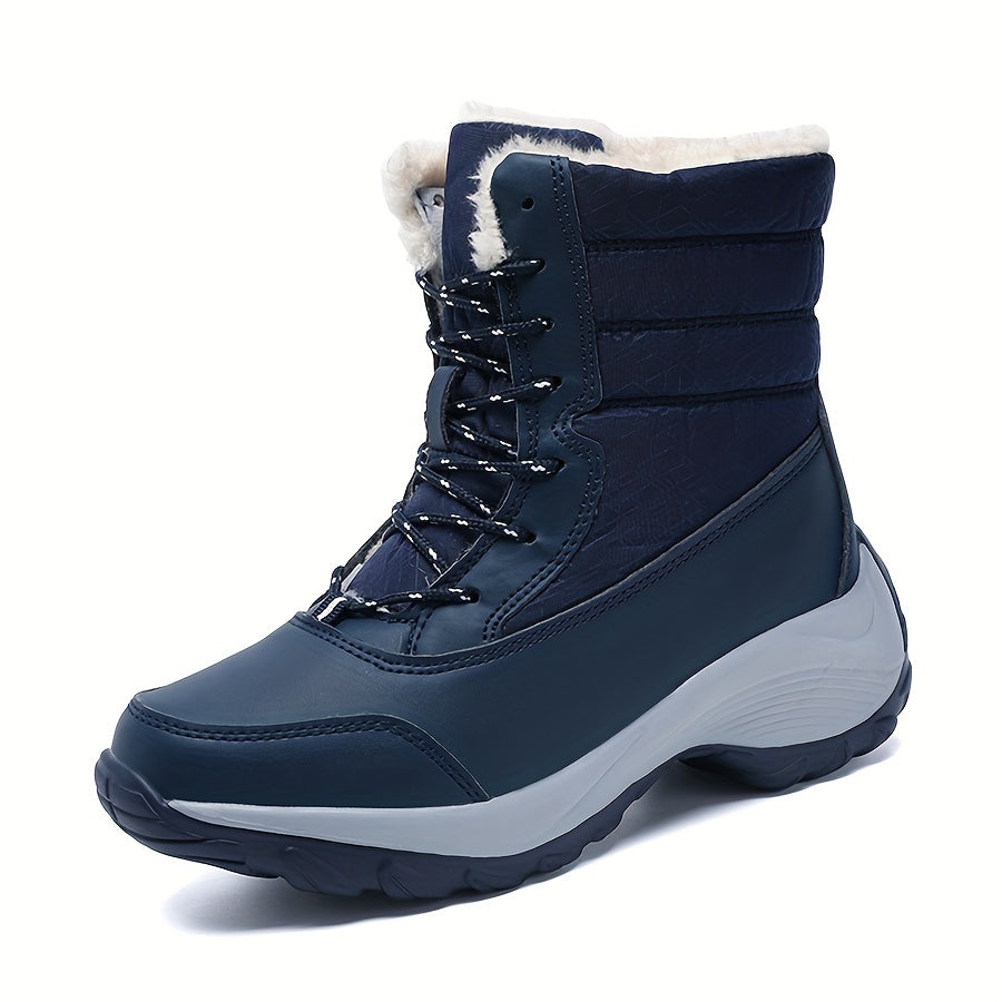 Women's Faux Fur Snow Boots Waterproof Anti-slip Lace-up Warm Mid Calf