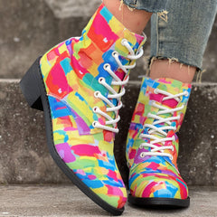 Women's Chunky Heel Lace-Up Canvas Ankle Boots