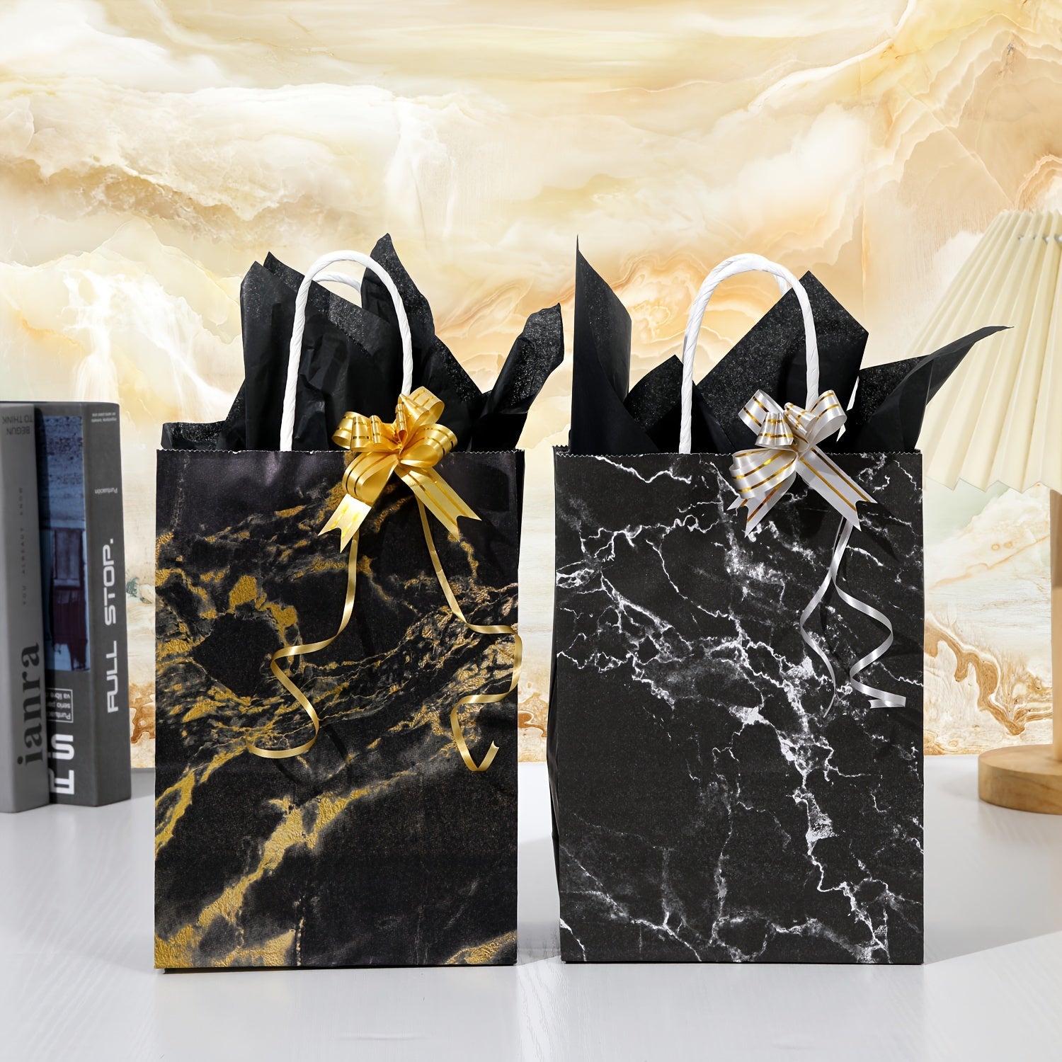 4pcs Marble Gift Bag Candy Bag with Wrapping Paper & Ribbon Bows